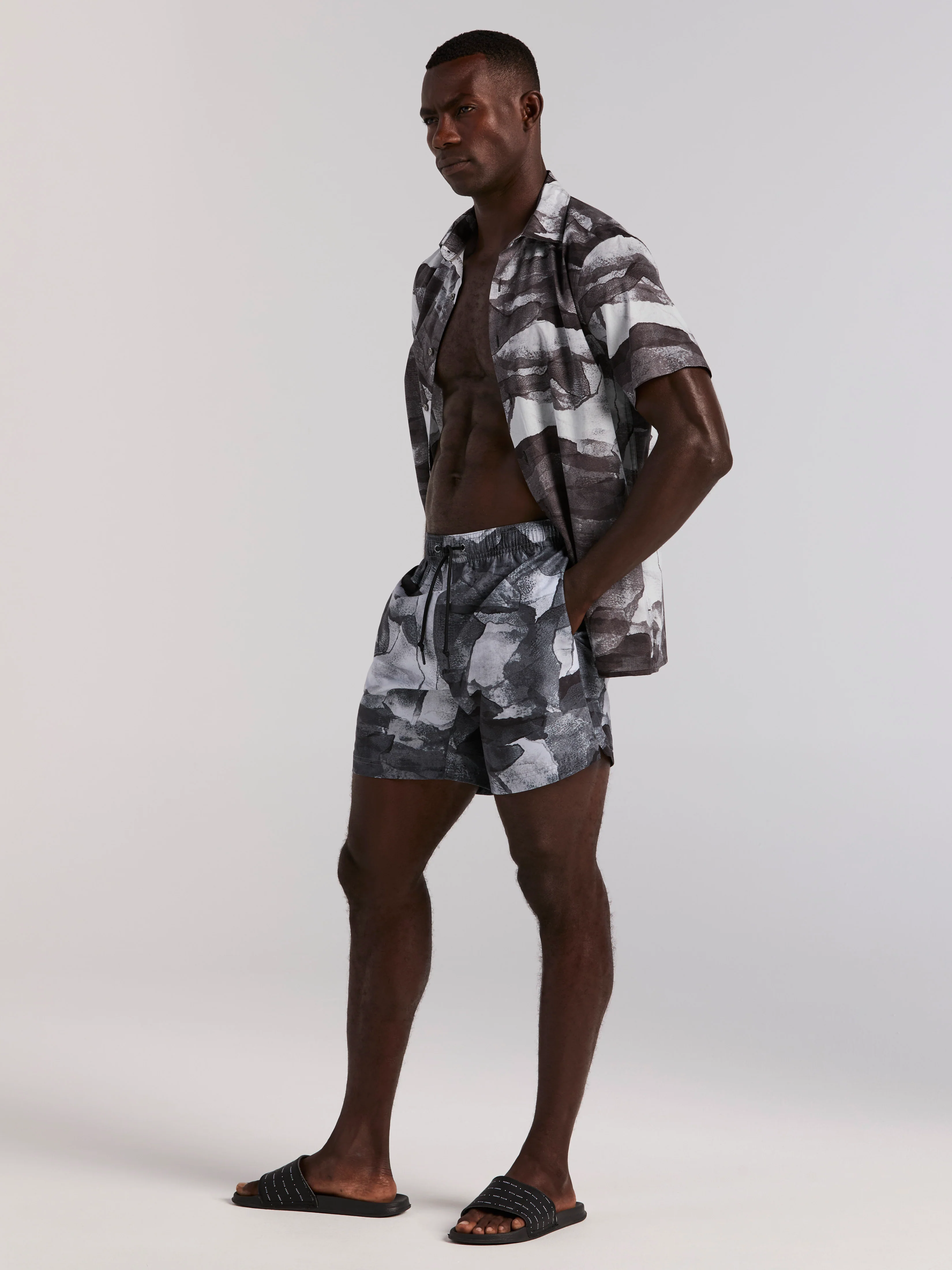 Abstract Wave Print Swim Trunk - Image 5