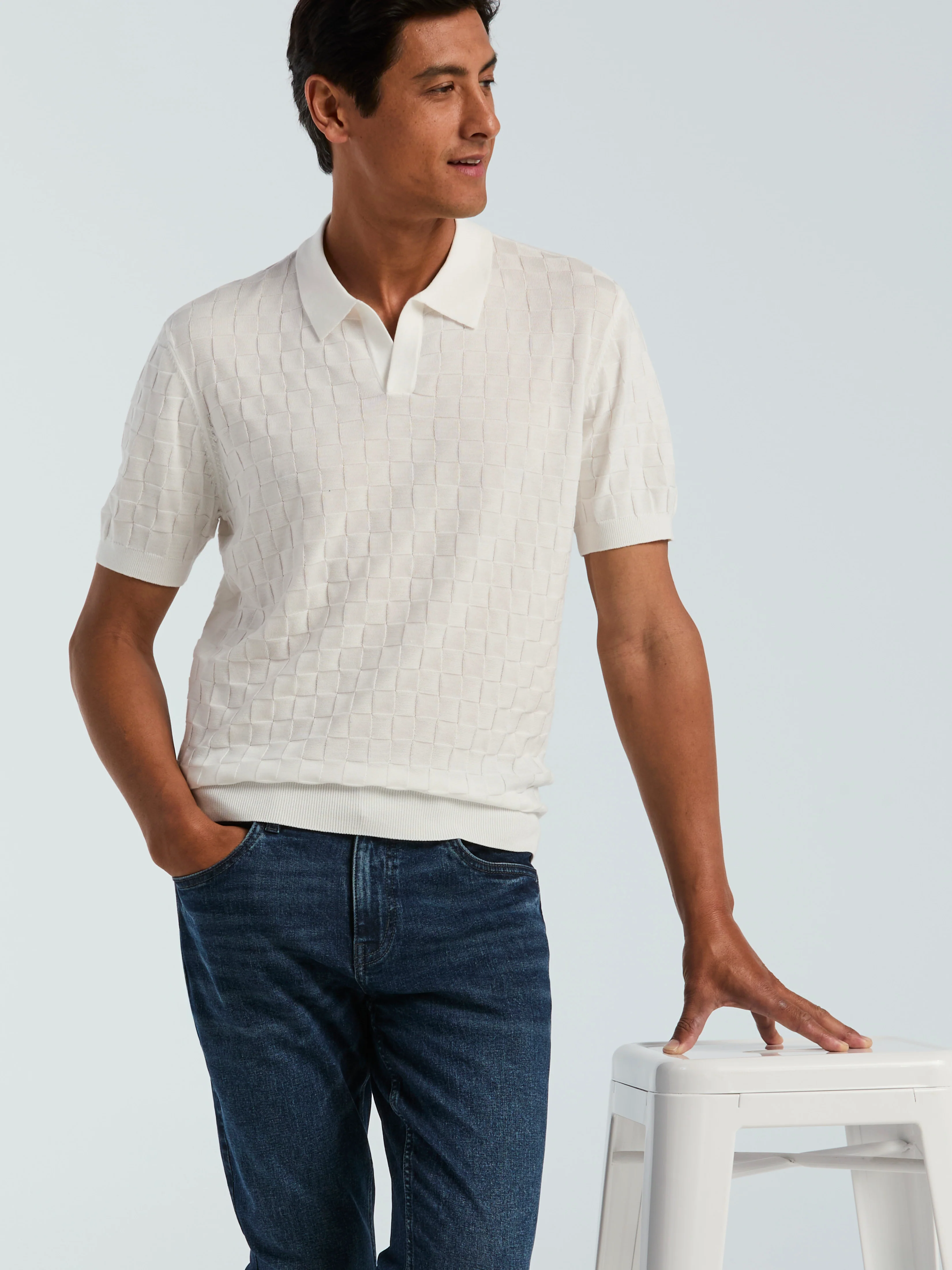 Square Pattern Open Collar Sweater Polo - Image 3