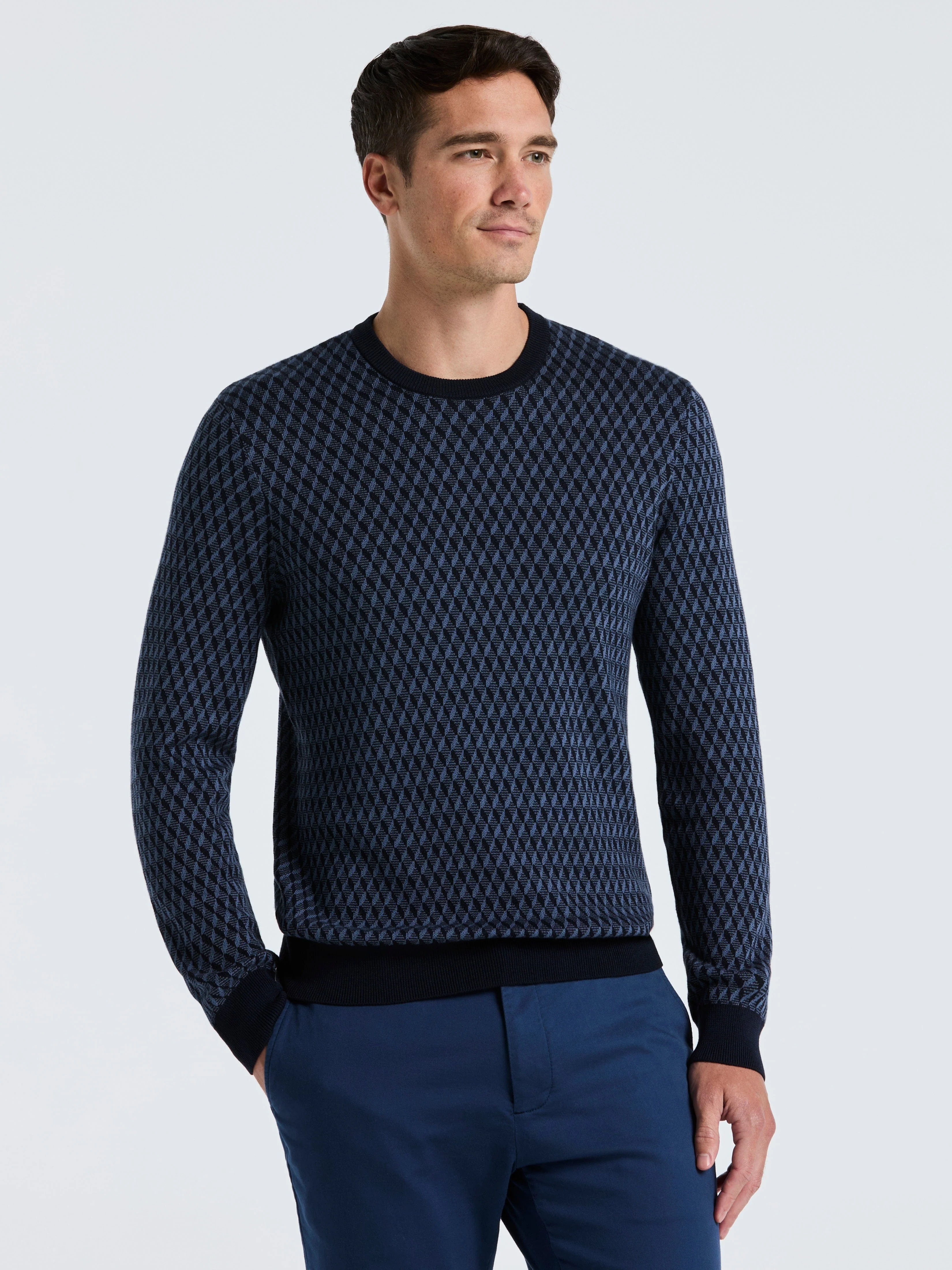 Cotton Blend Geo Jacquard Crew Neck Sweater