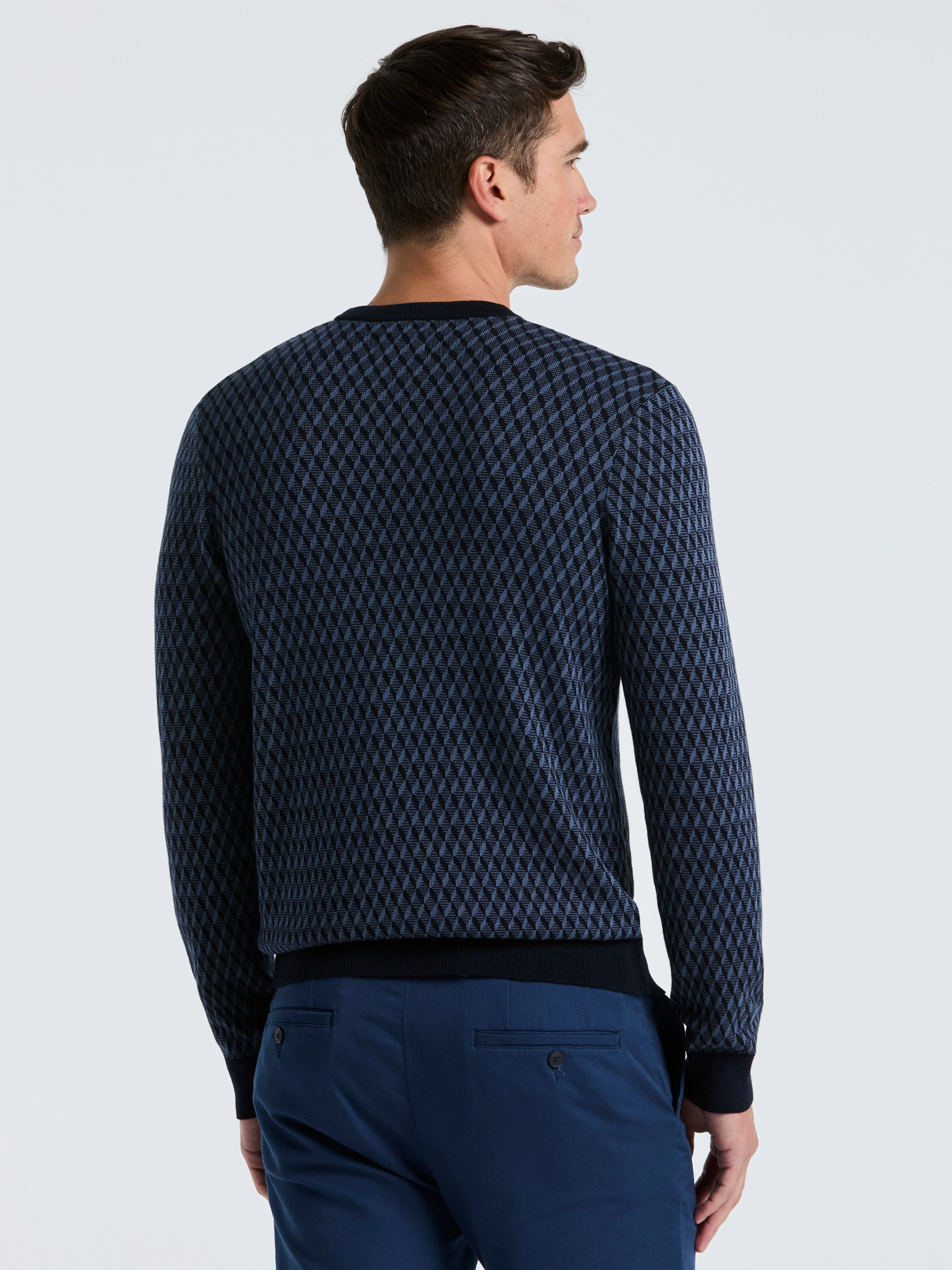 Cotton Blend Geo Jacquard Crew Neck Sweater - Image 3