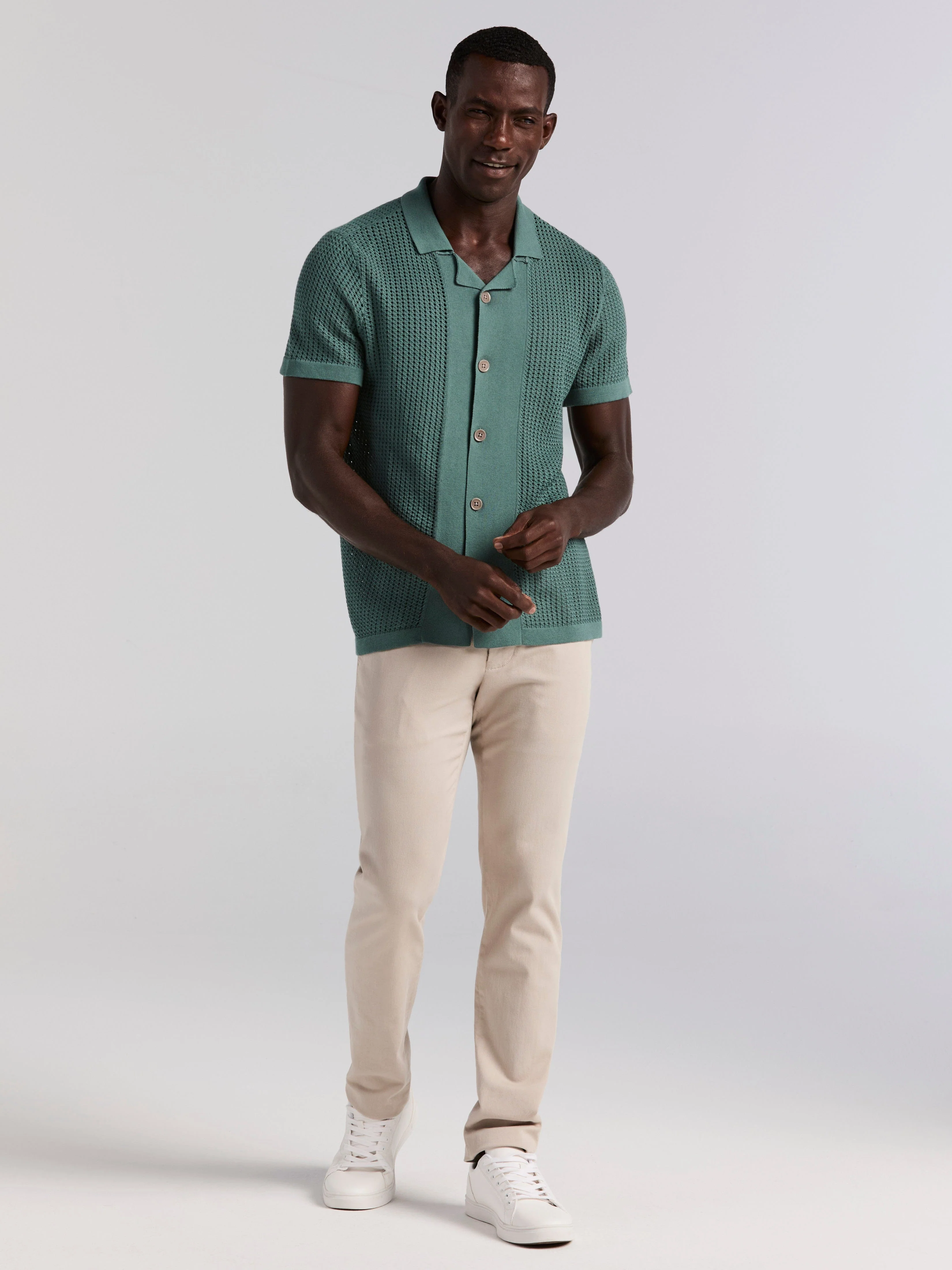 Cotton Jacquard Open Stitch Button Front Sweater - Image 2