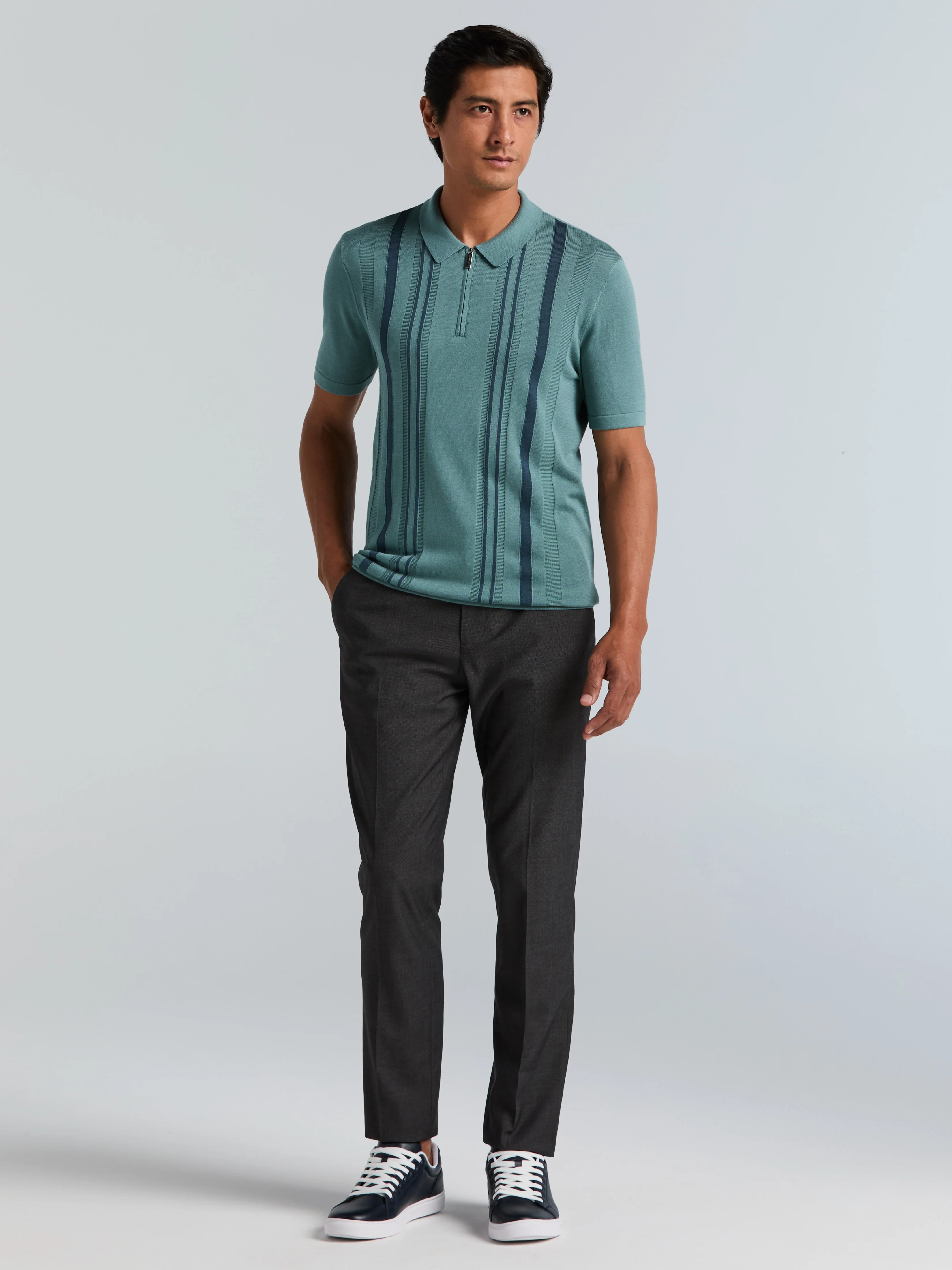 Cotton Modal Stripe Polo Sweater - Image 10