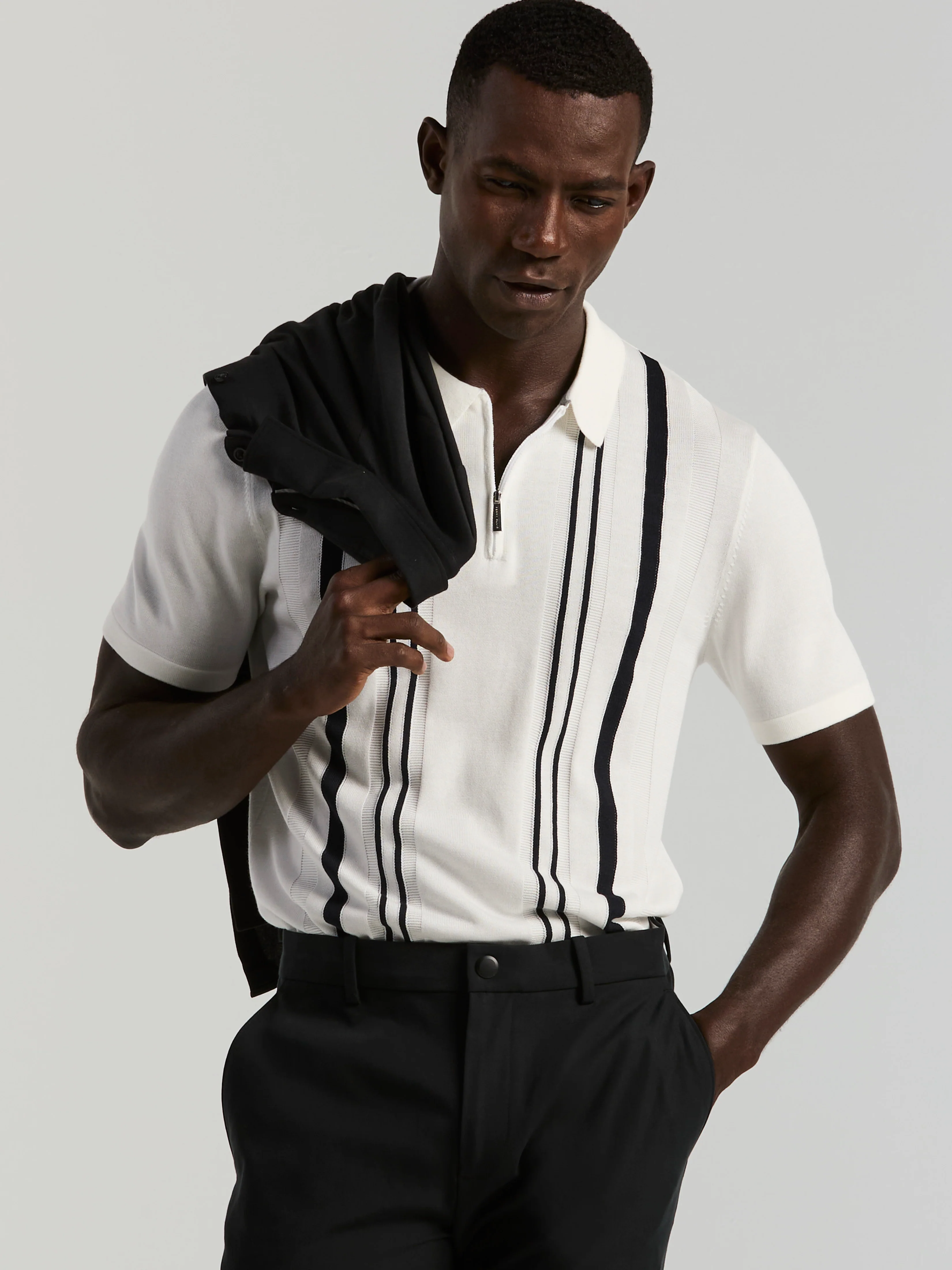 Cotton Modal Stripe Polo Sweater - Image 3