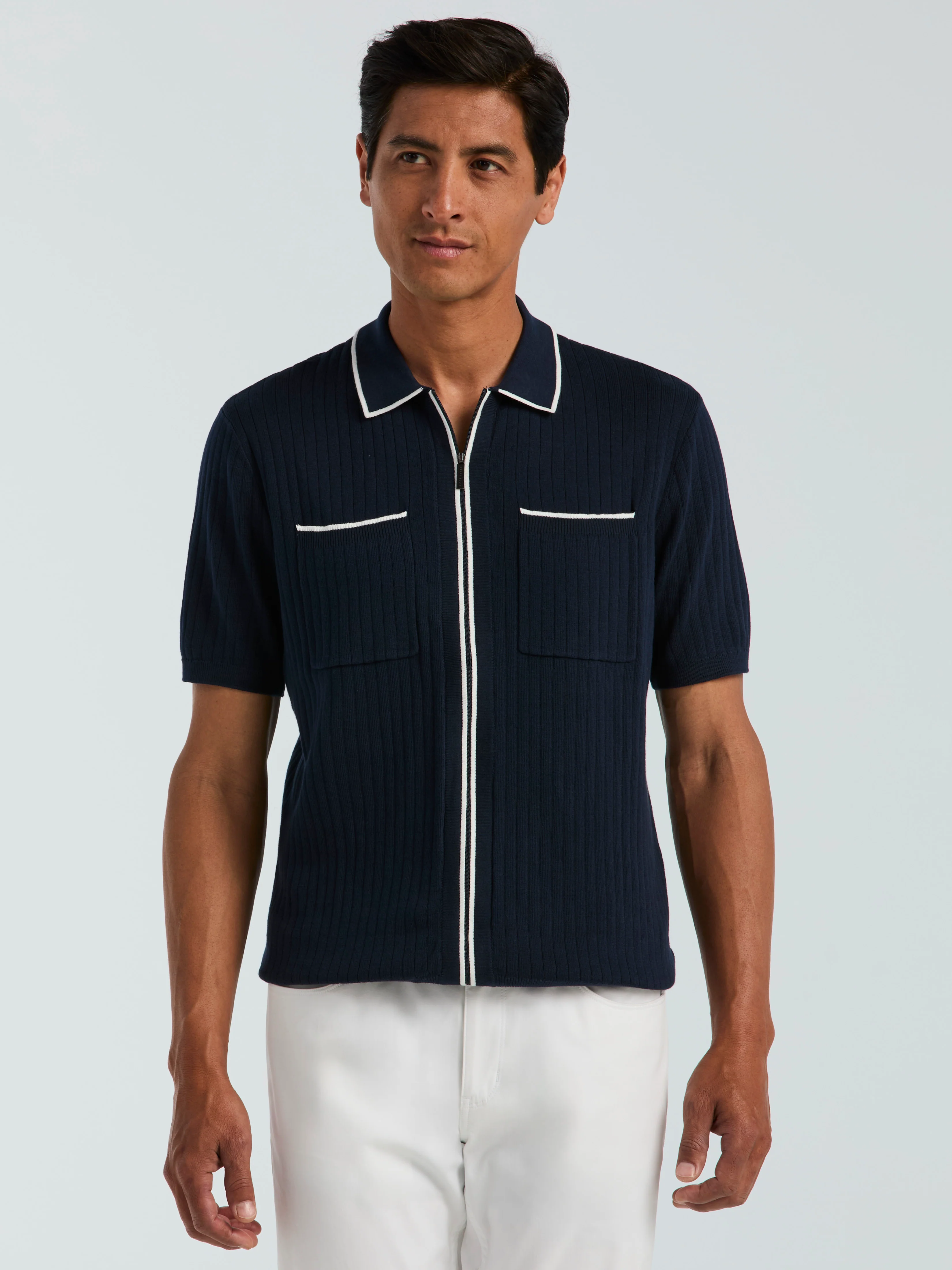 Cotton Tipped Ribbed Full Zip Sweater Polo