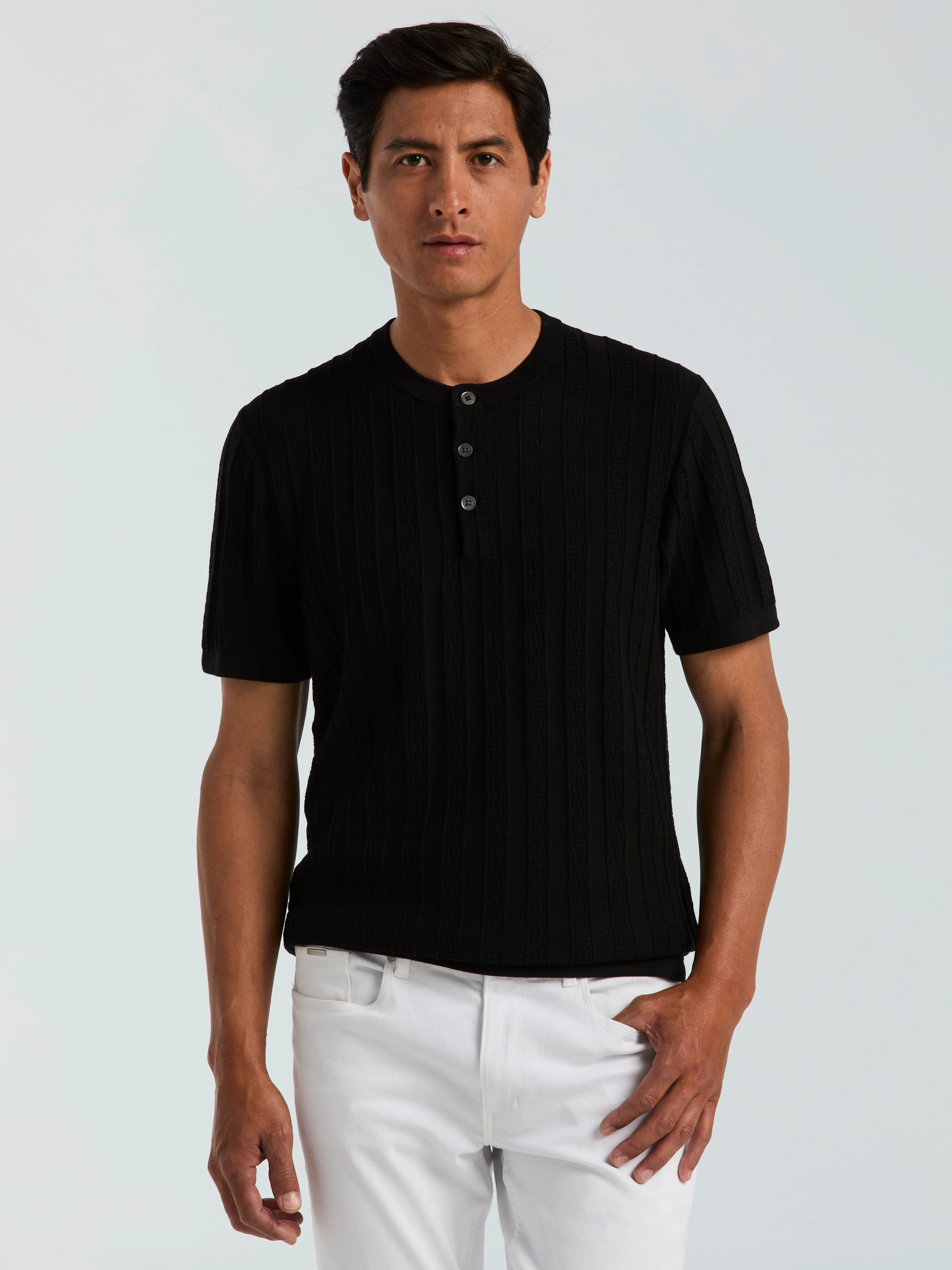 Cotton Textured Striped Button Crew Neck Sweater