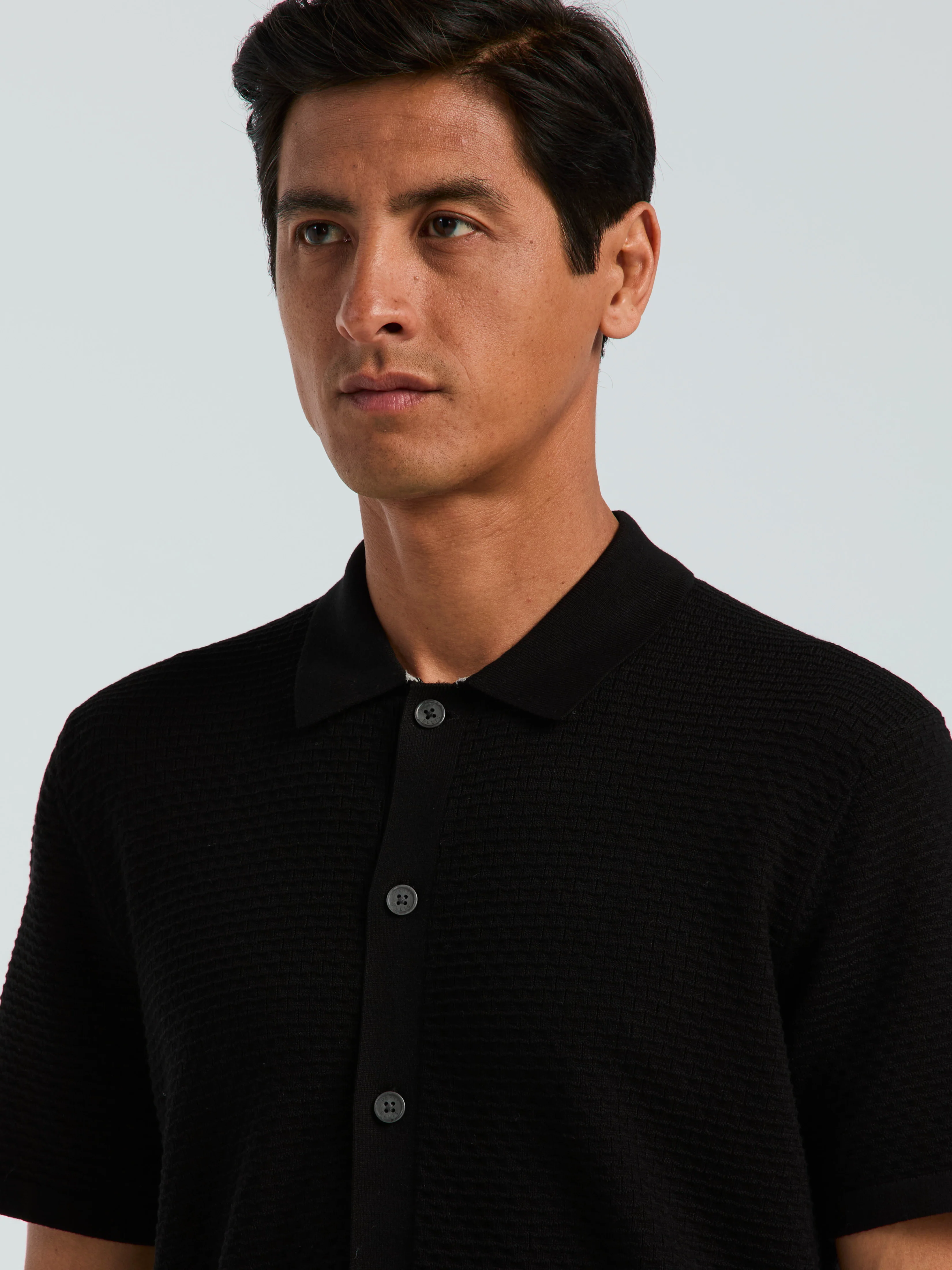 Cotton Wavy Knit Button Front Sweater Polo - Image 2