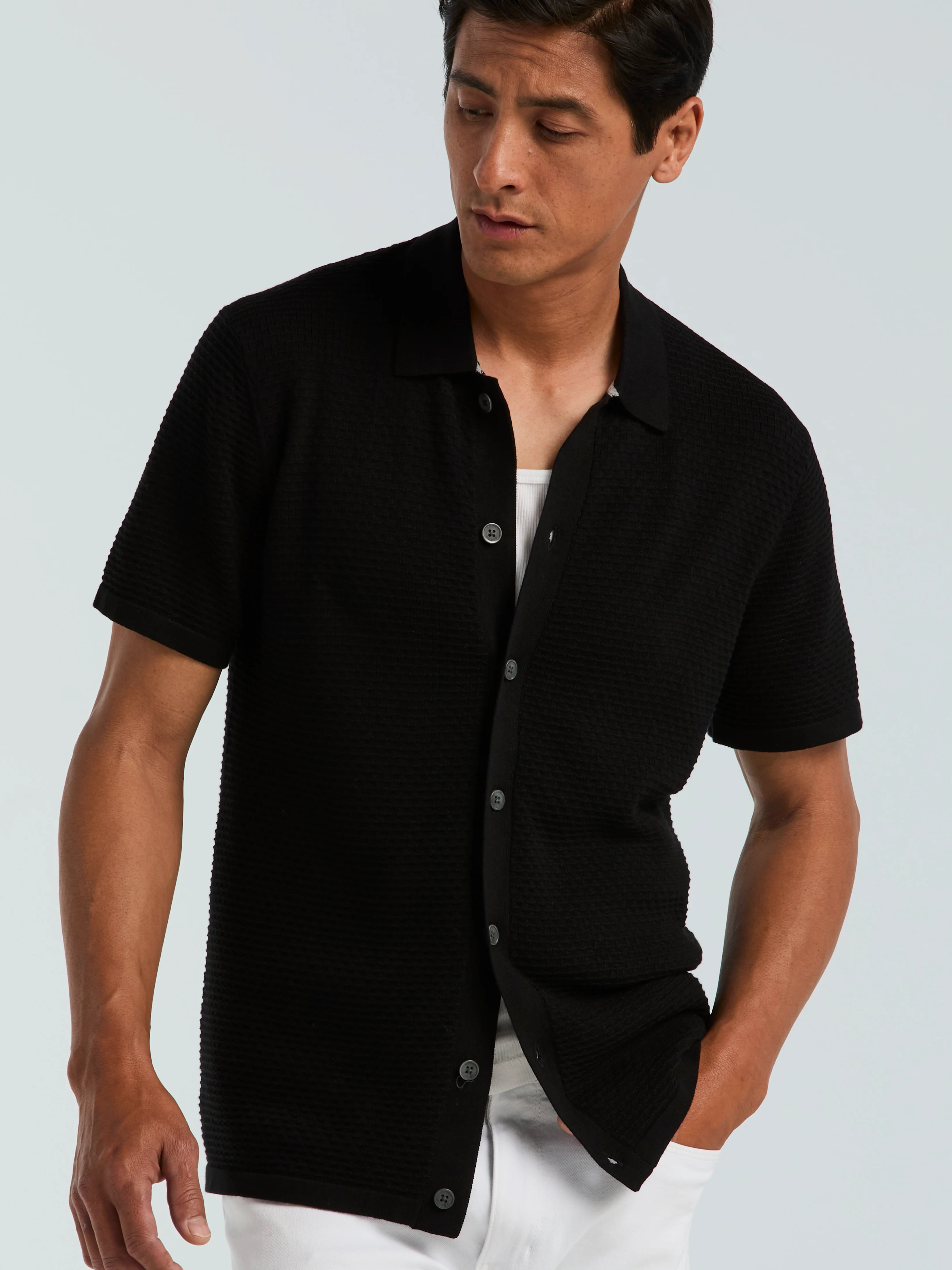 Cotton Wavy Knit Button Front Sweater Polo - Image 3
