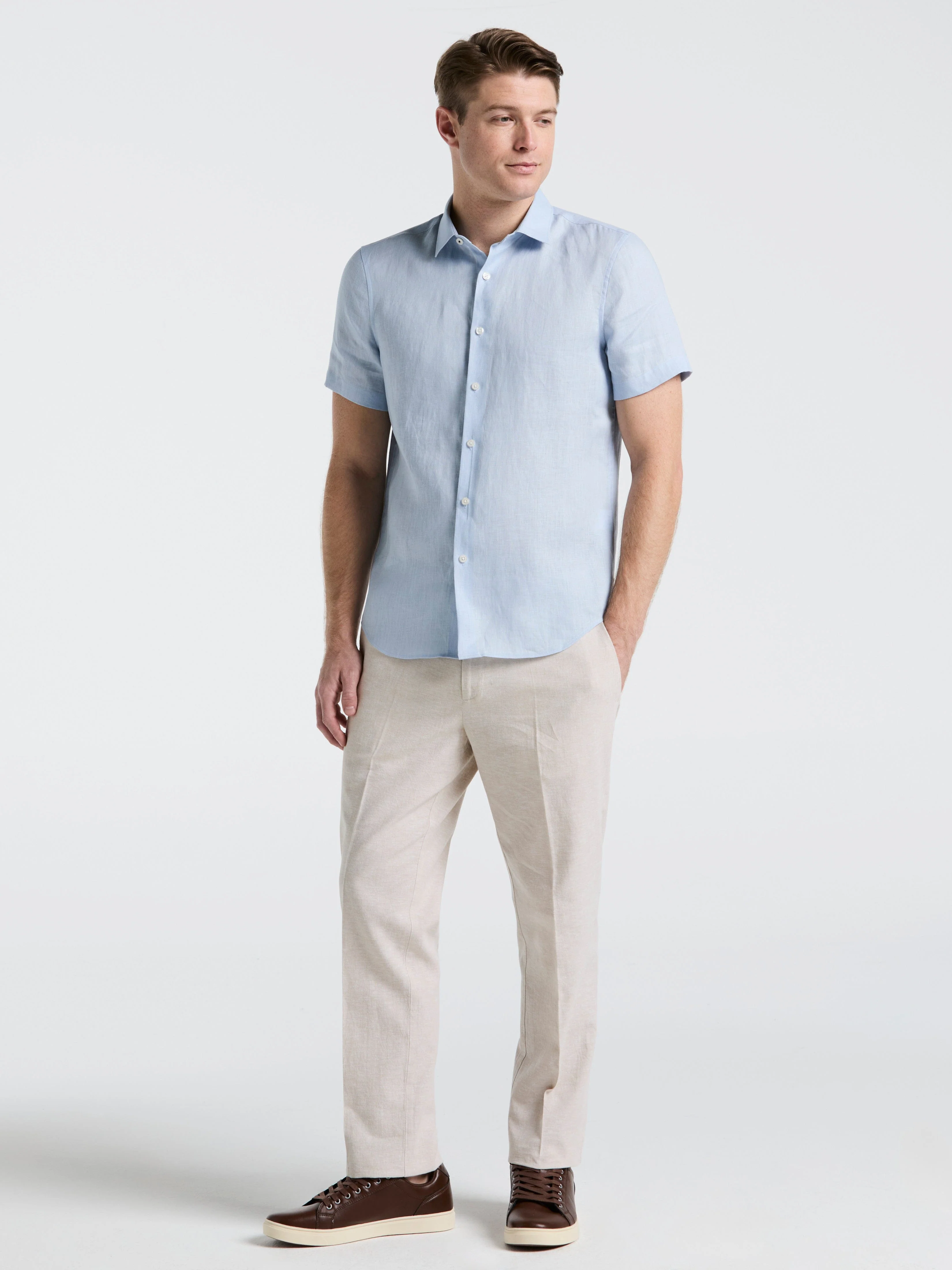 Solid Linen Blend Short Sleeve Shirt - Image 19