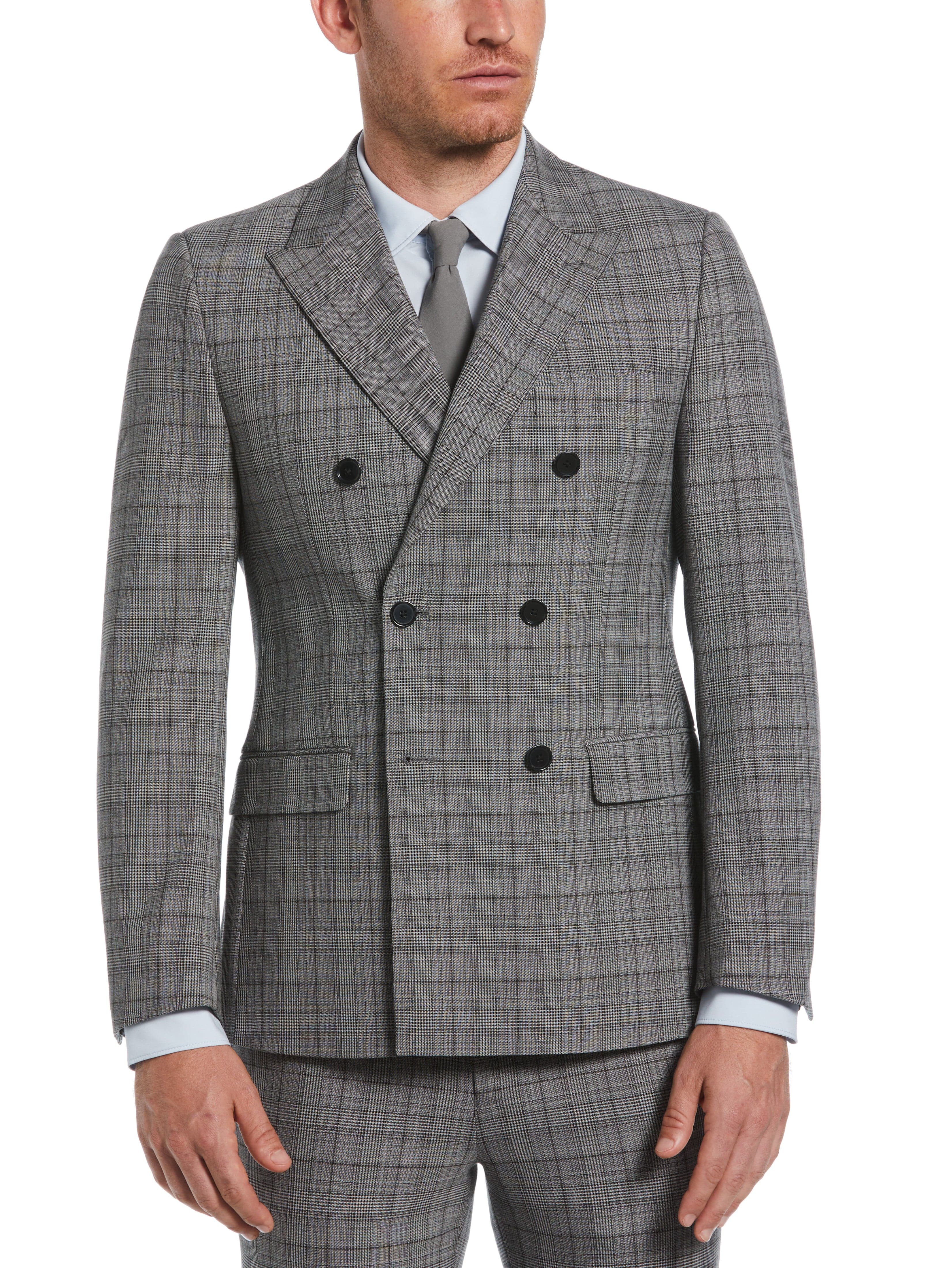 Skinny Fit Double Breasted Notch Collar Plaid Suit Jacket