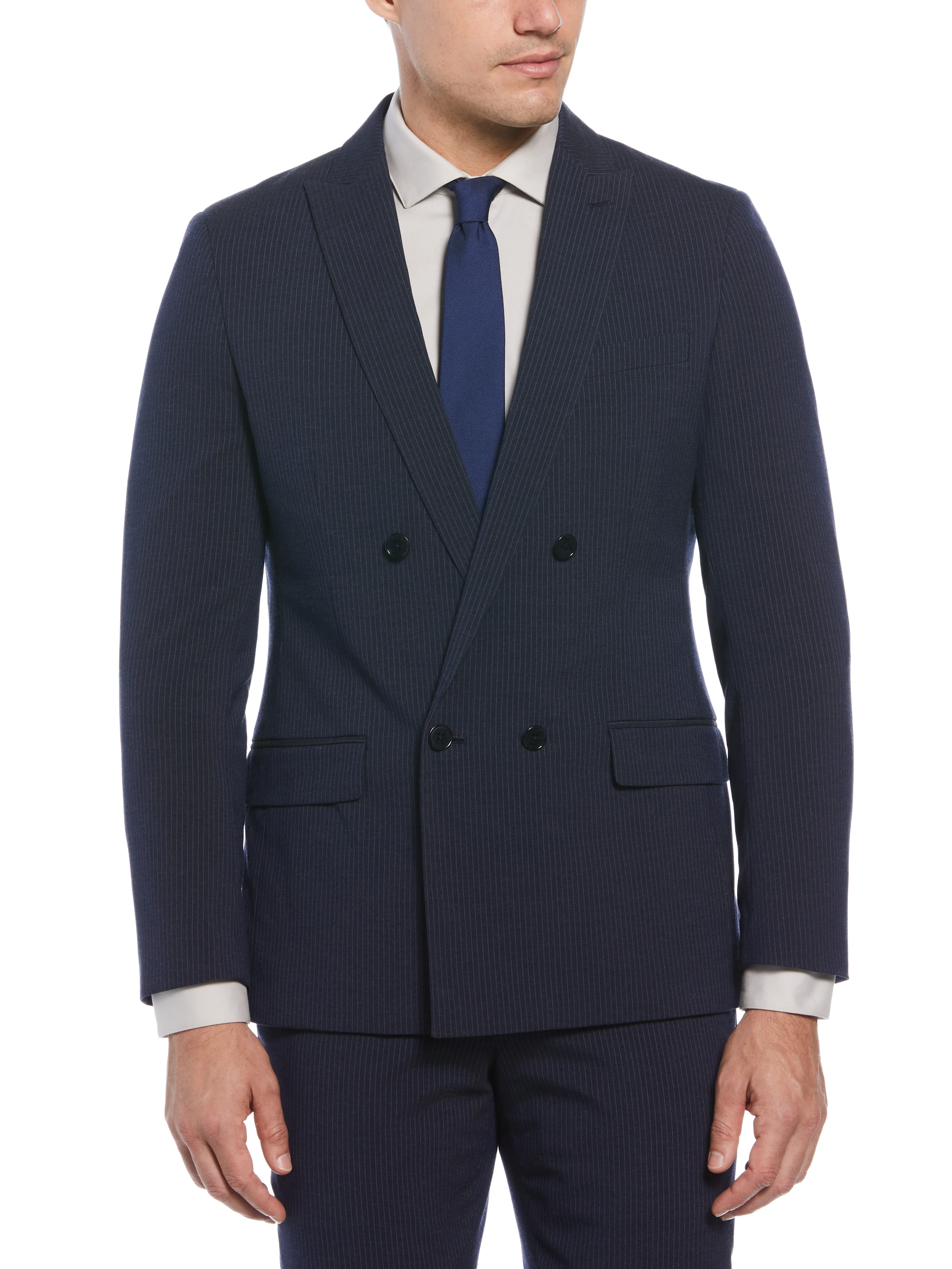 NAVY & GREY PINSTRIPE SLIM FIT DB 4X1 SUIT SEP JACKET - Image 10