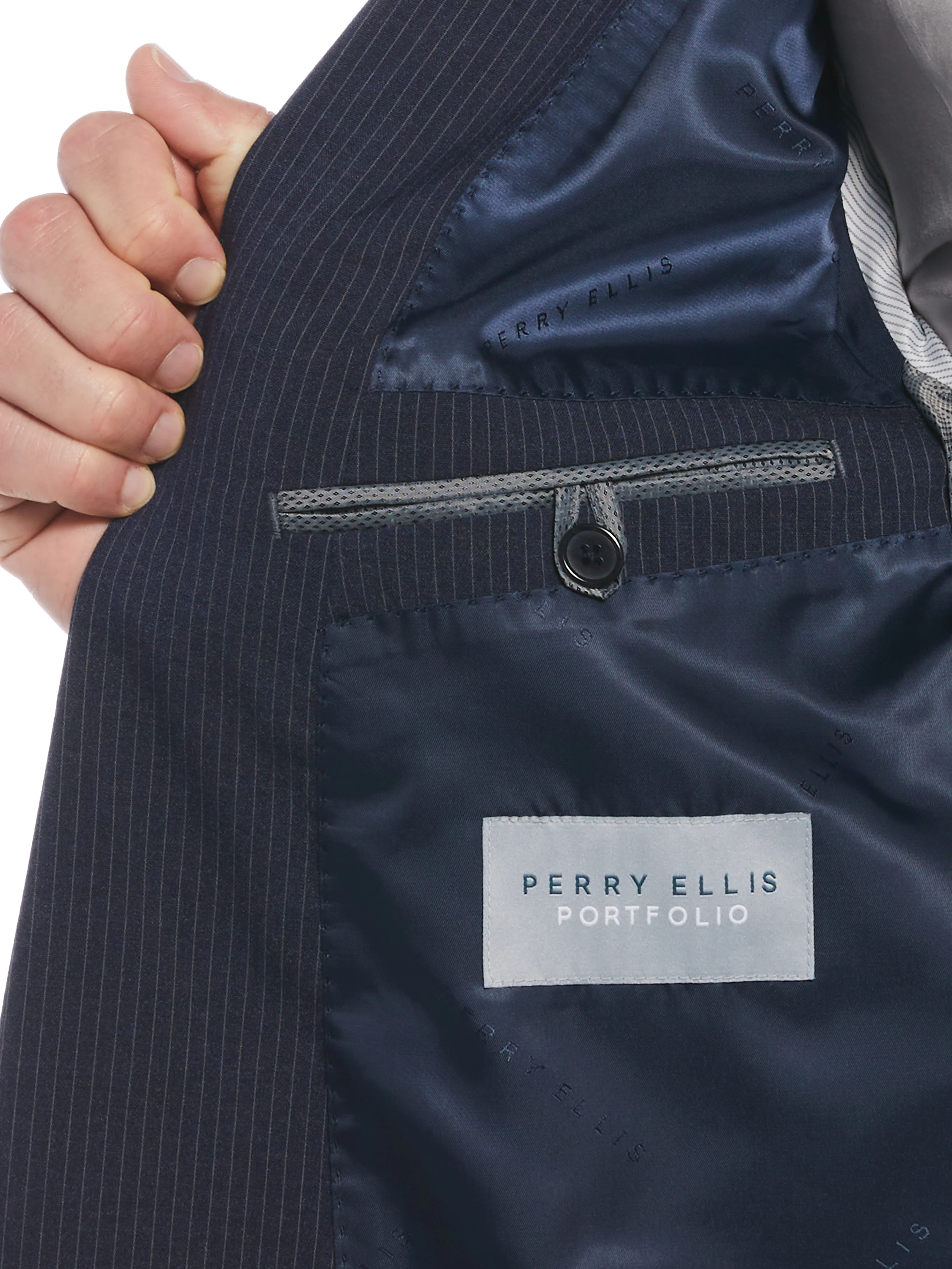 NAVY & GREY PINSTRIPE SLIM FIT DB 4X1 SUIT SEP JACKET - Image 12