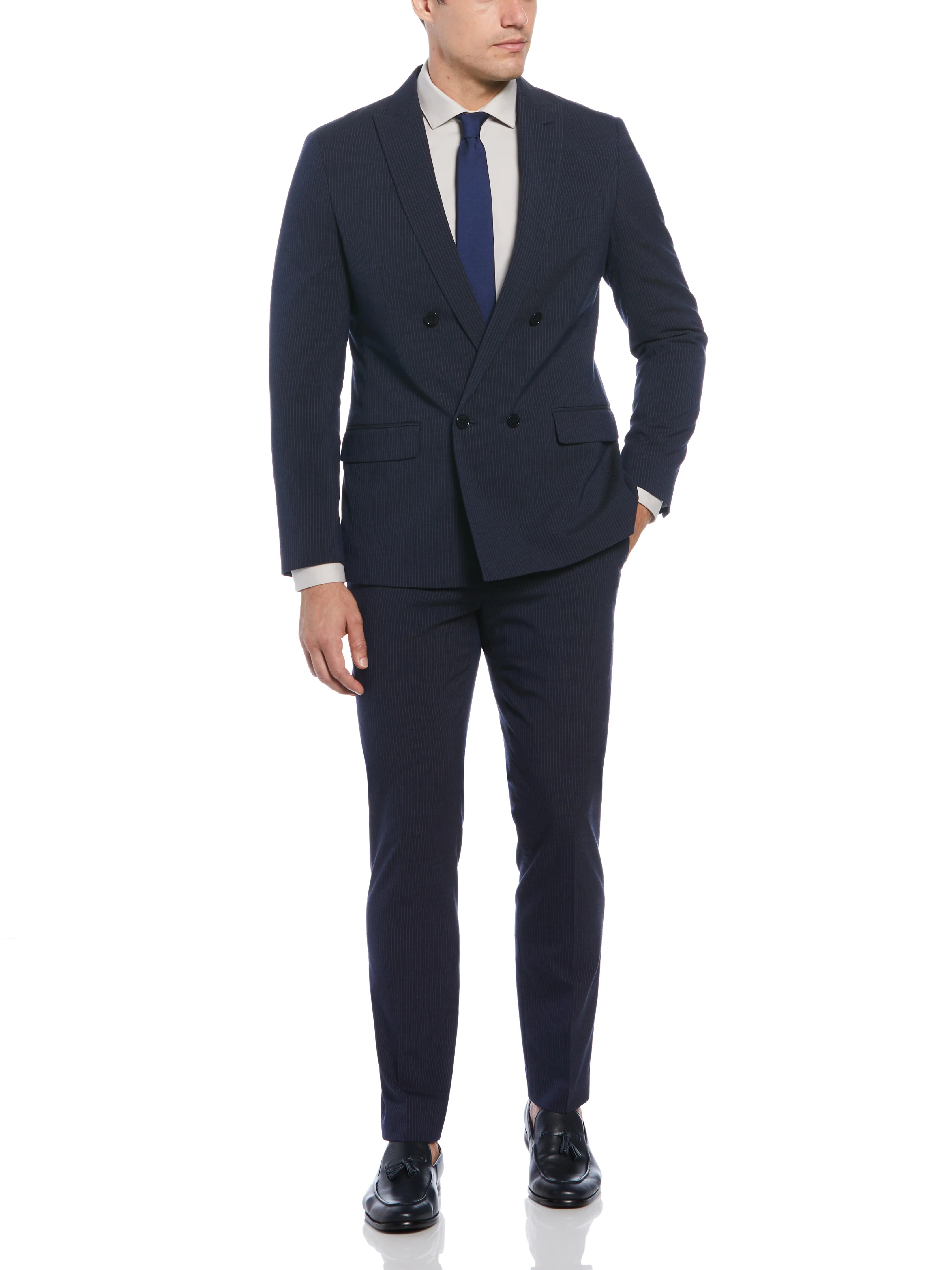 NAVY & GREY PINSTRIPE SLIM FIT DB 4X1 SUIT SEP JACKET - Image 5