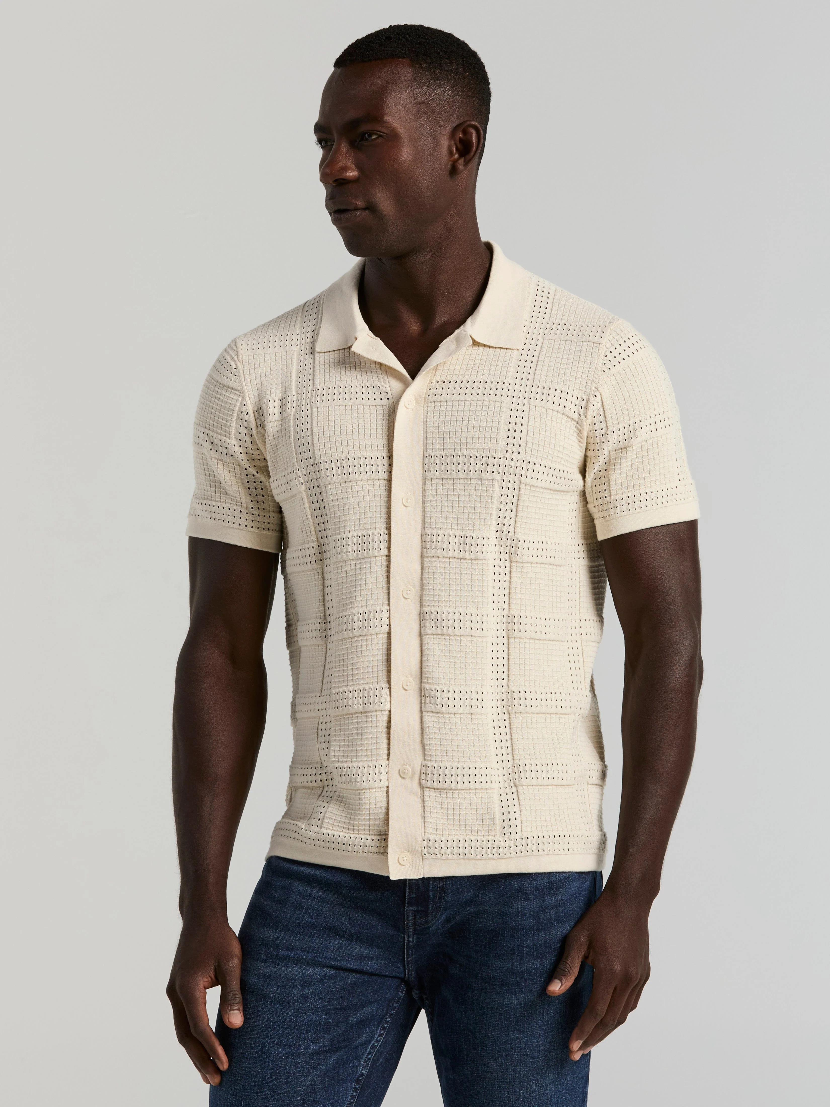 Cotton Jacquard Pattern Button Front Sweater Polo