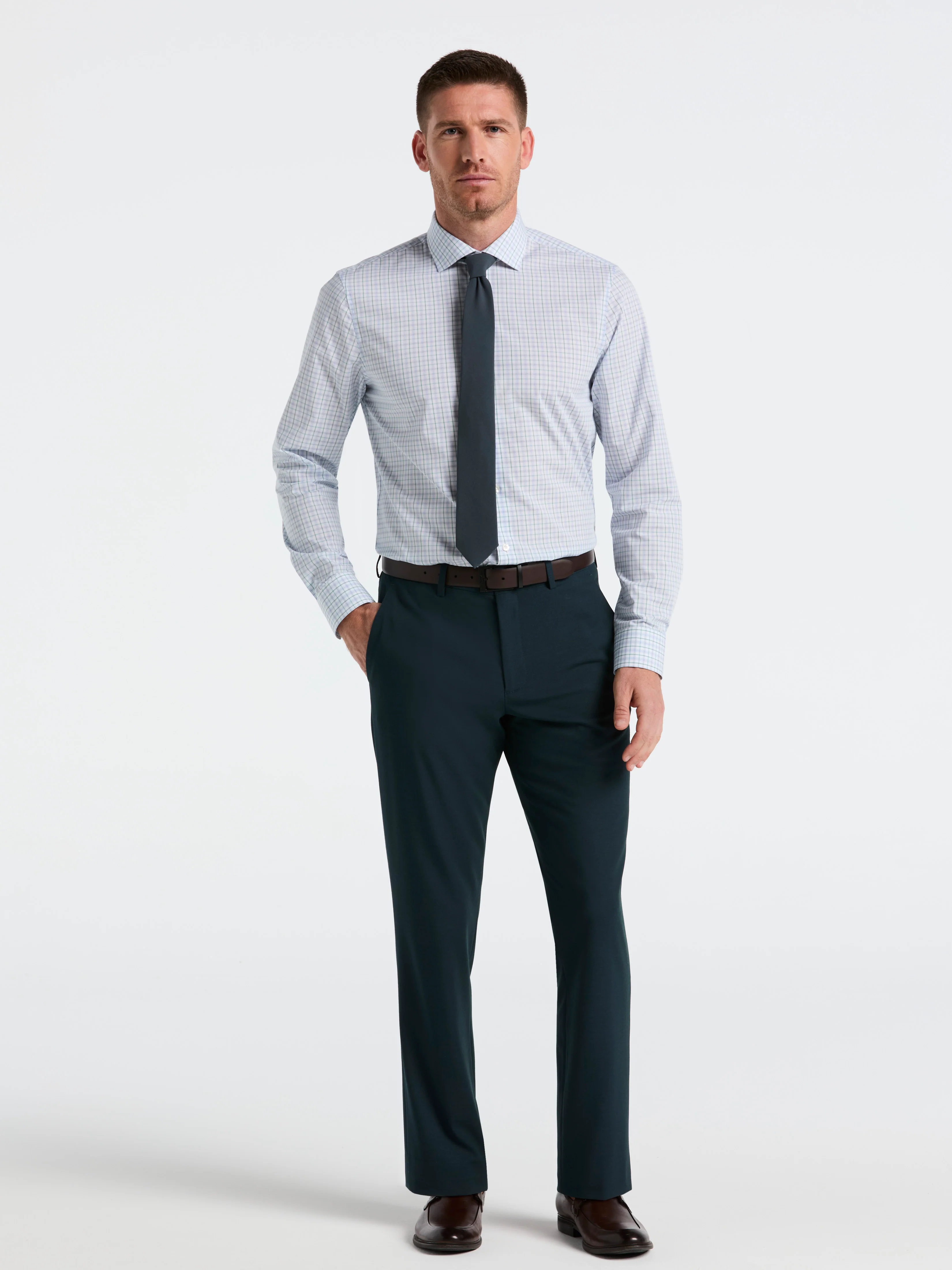Slim Fit Stretch Cotton Blend Plaid Dress Shirt - Image 5