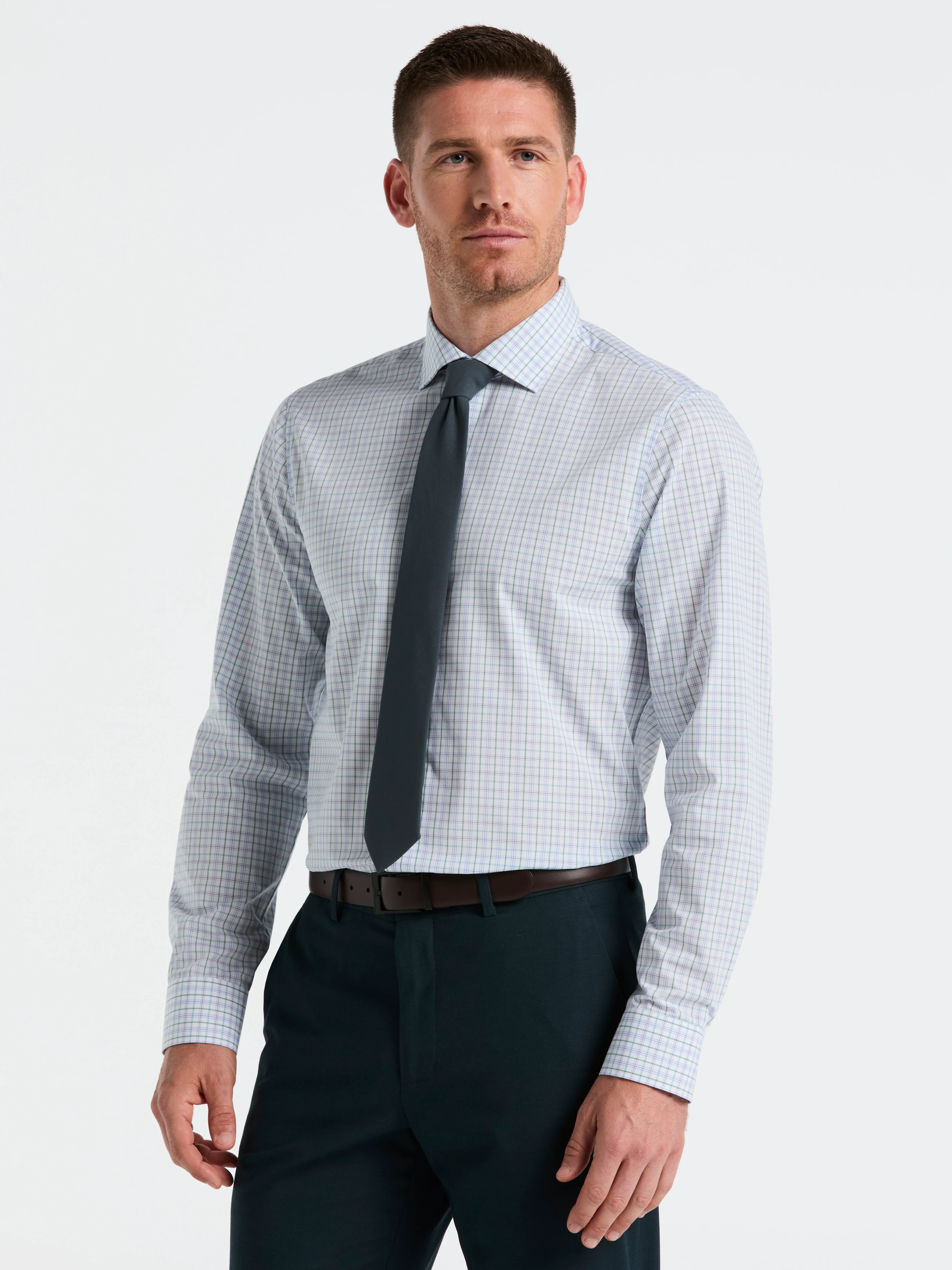 Slim Fit Stretch Cotton Blend Plaid Dress Shirt - Image 6