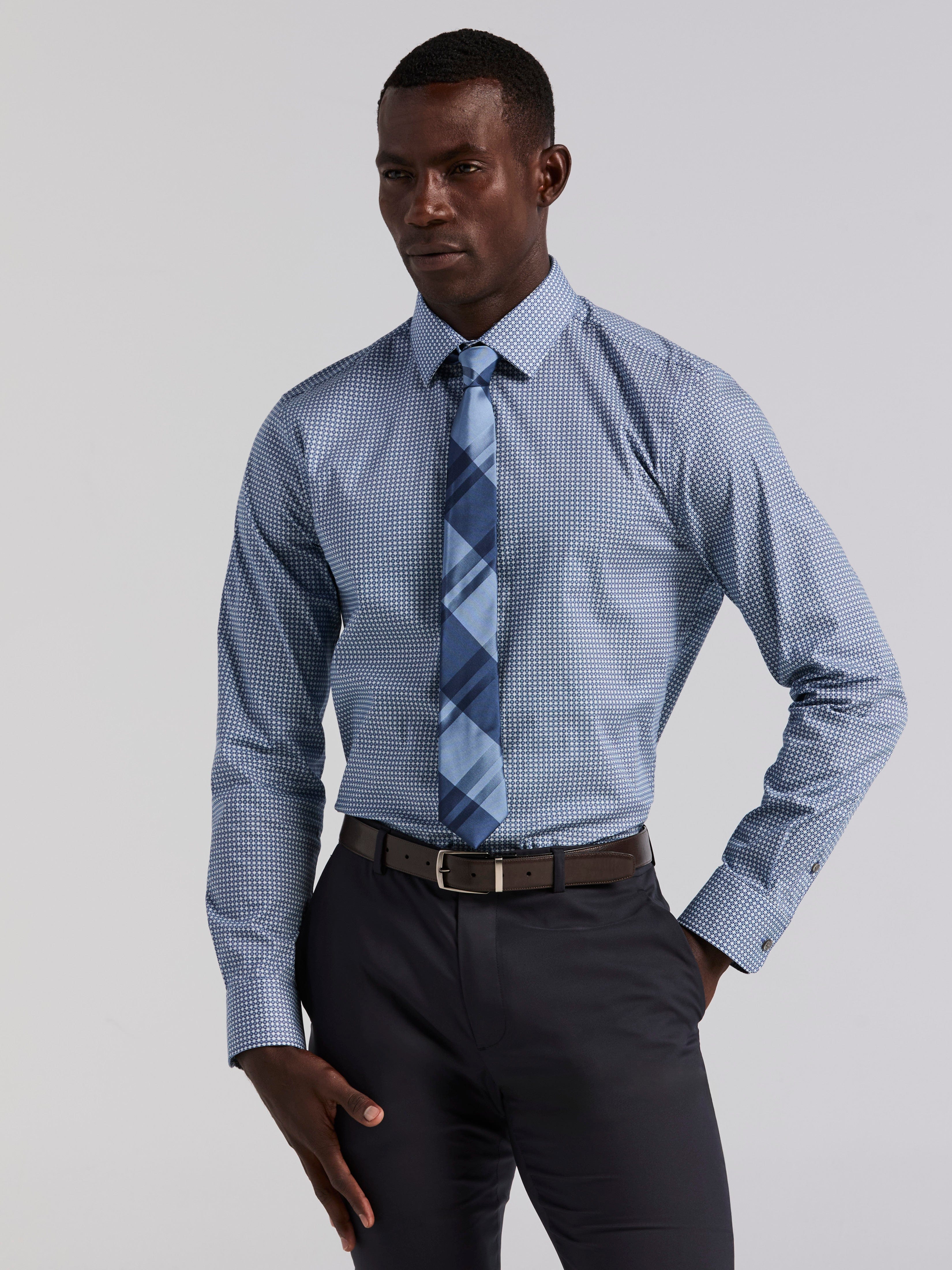 Slim Fit Cotton Stretch Tile Geo Print Dress Shirt