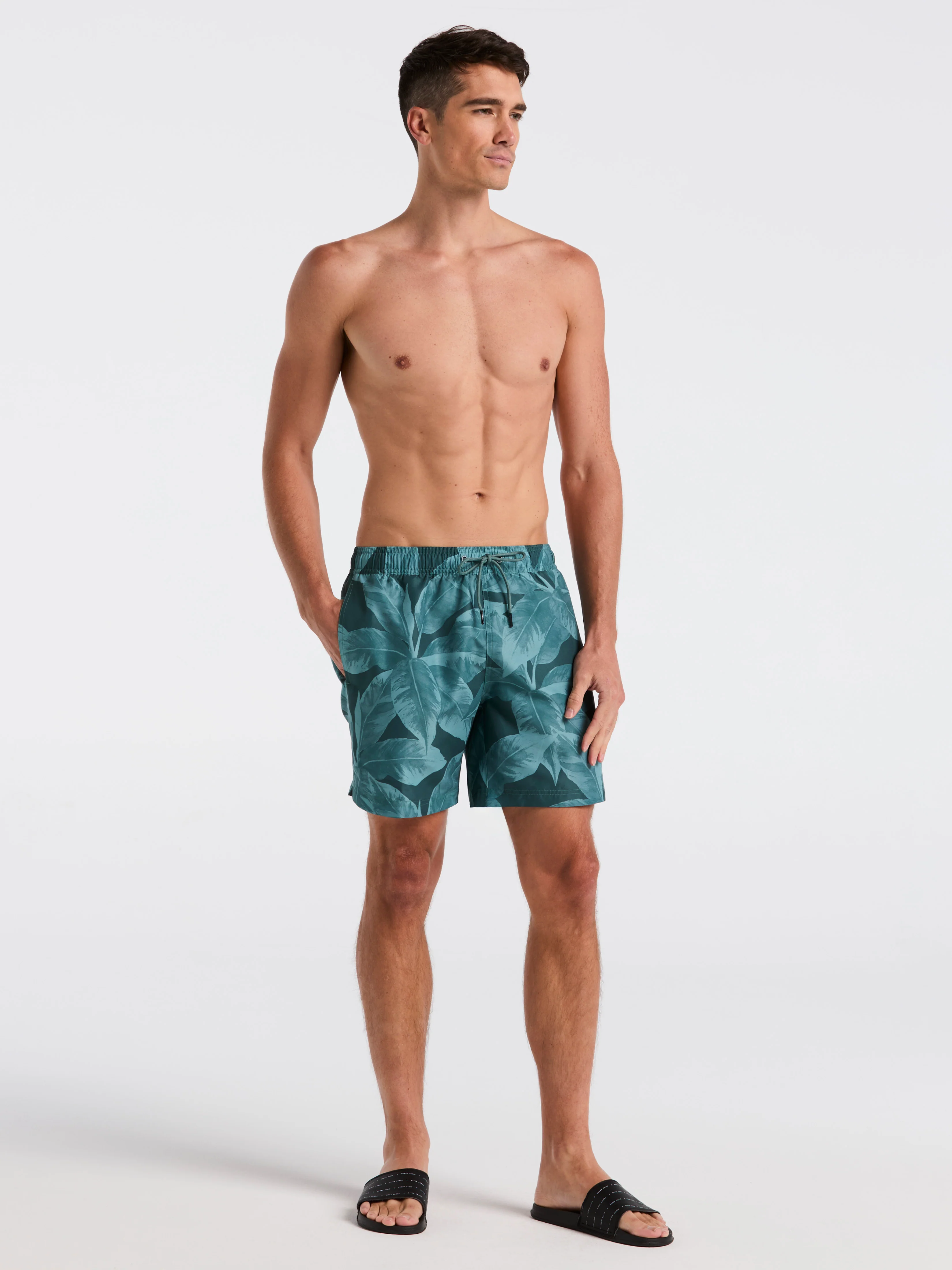 Tropical Plant Print Swim Trunk