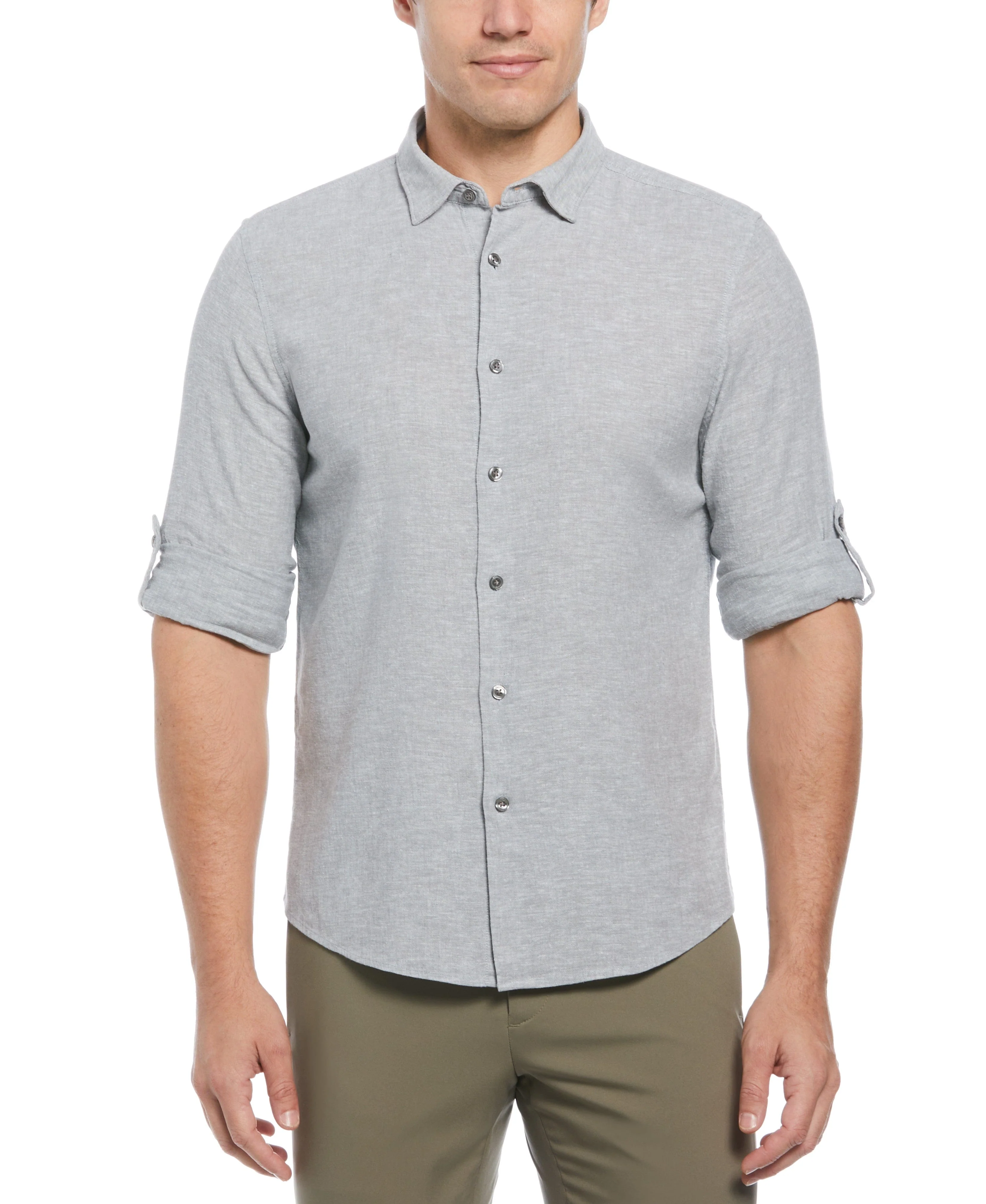 Untucked Slim Fit Linen Blend Rolled Sleeve Shirt - Gray
