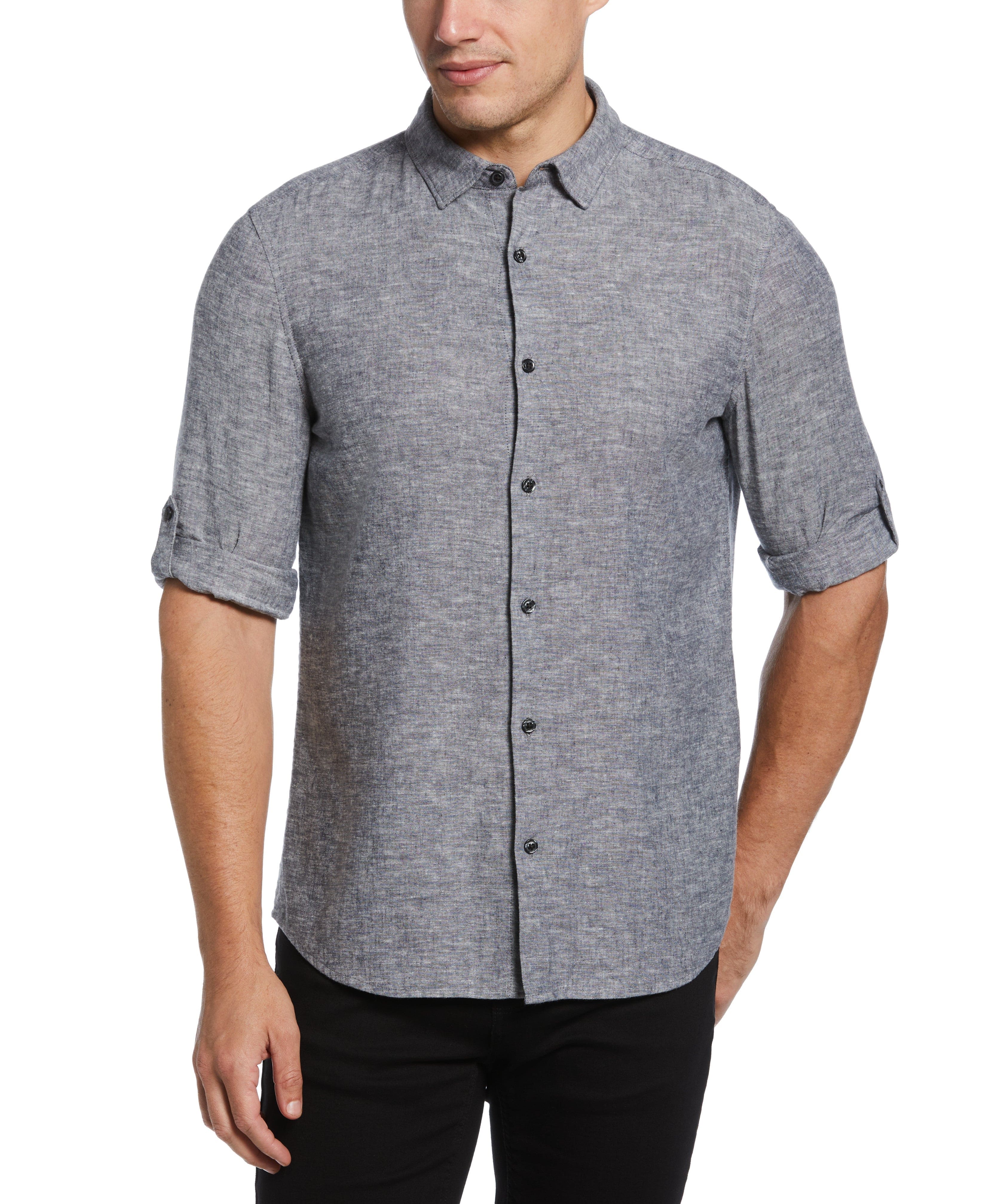 Untucked Slim Fit Linen Blend Rolled Sleeve Shirt - Navy Blue