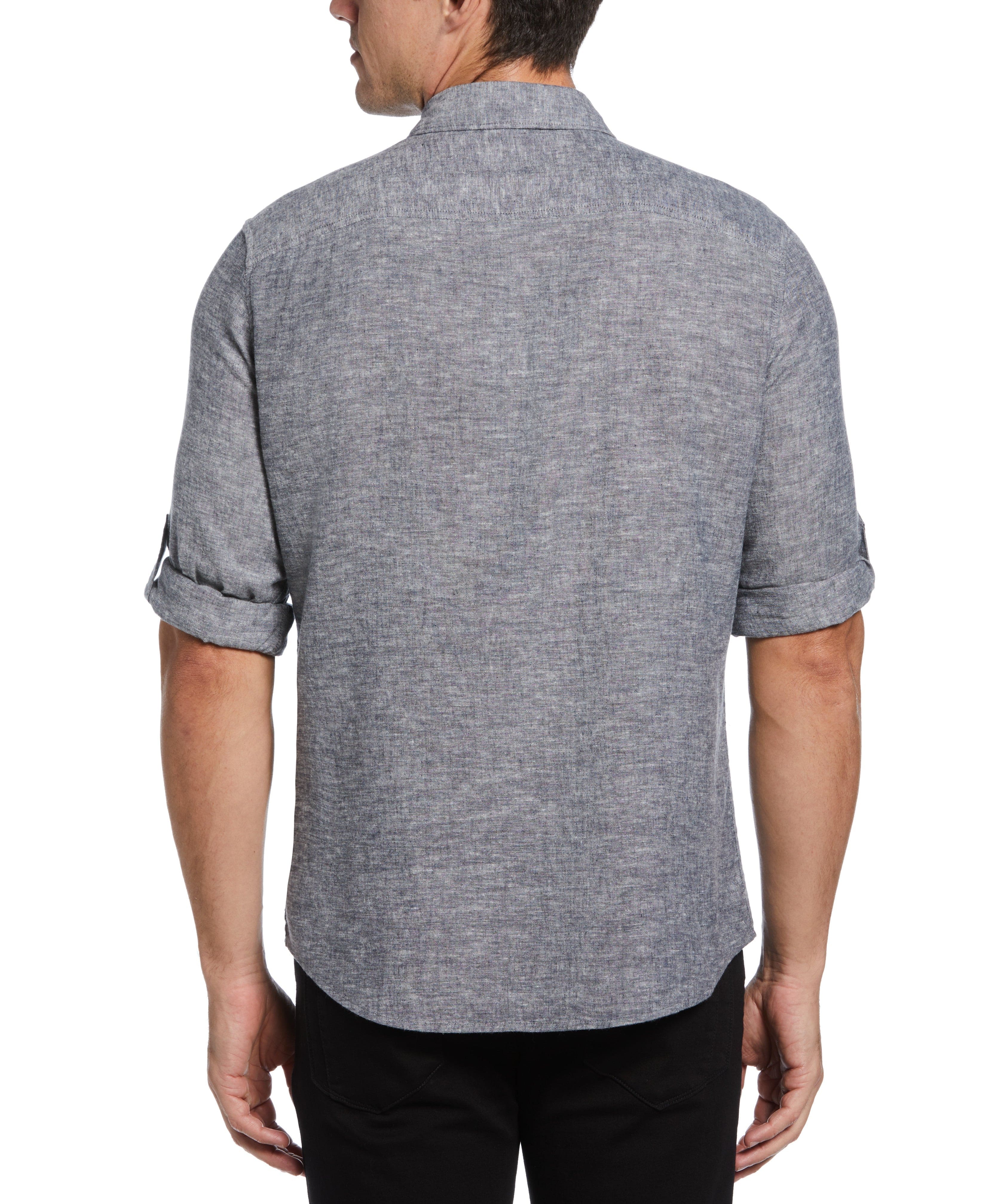 Untucked Slim Fit Linen Blend Rolled Sleeve Shirt - Navy Blue - Image 2