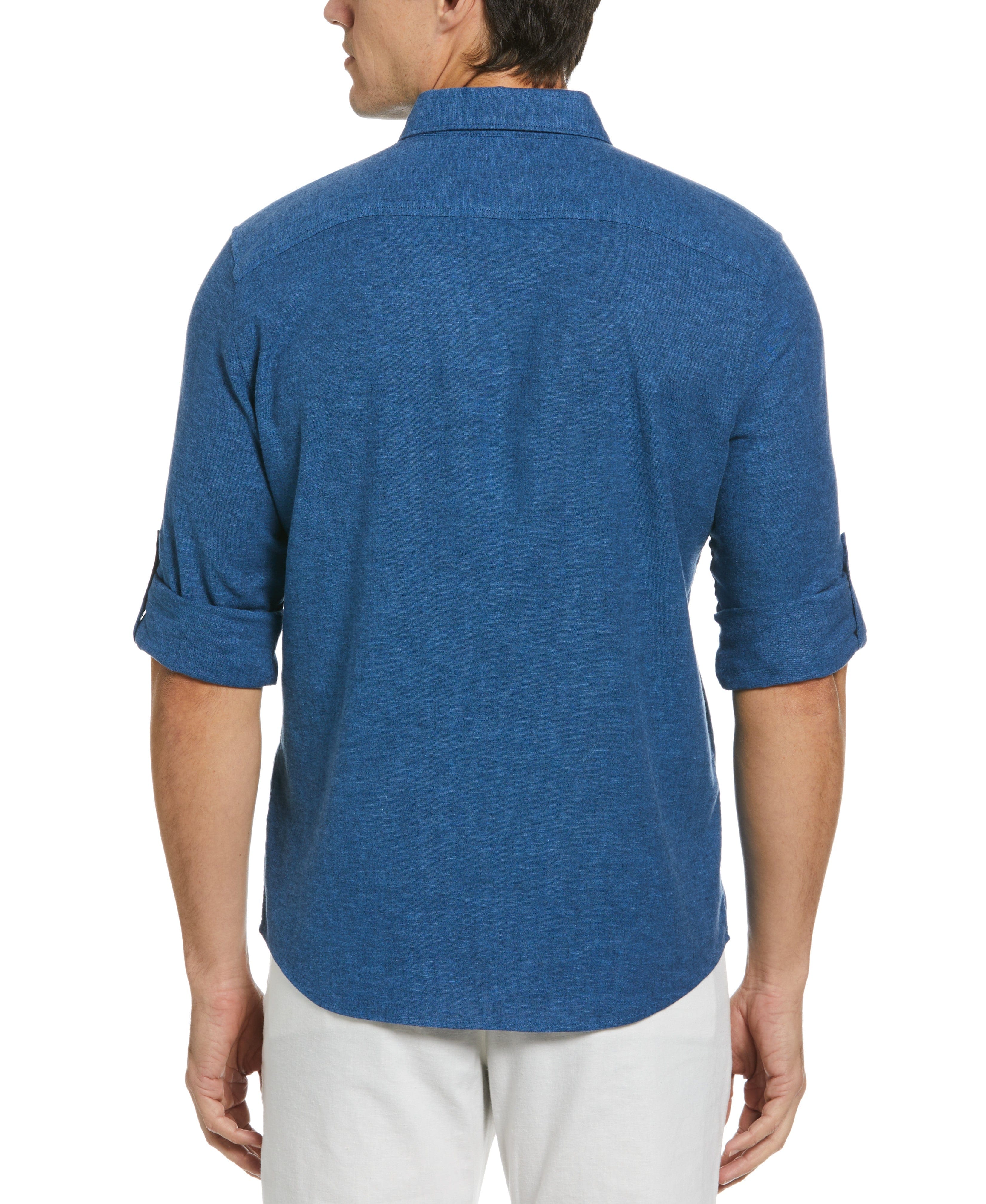 Untucked Slim Fit Linen Blend Rolled Sleeve Shirt - Blue - Image 2
